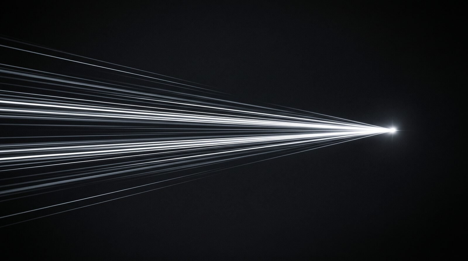 Illustrative artwork: thin light trails accelerating across a dark field and converging to a single bright point, evoking load speed. Not client data.
