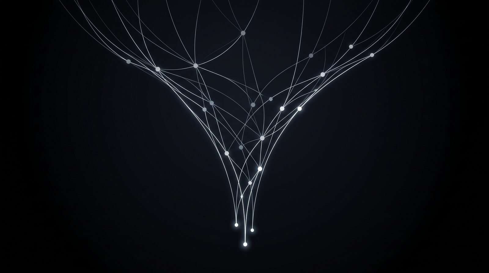Illustrative artwork: a network of glowing nodes narrowing into a funnel shape on a dark field, evoking visitors becoming demo bookings. Not client data.